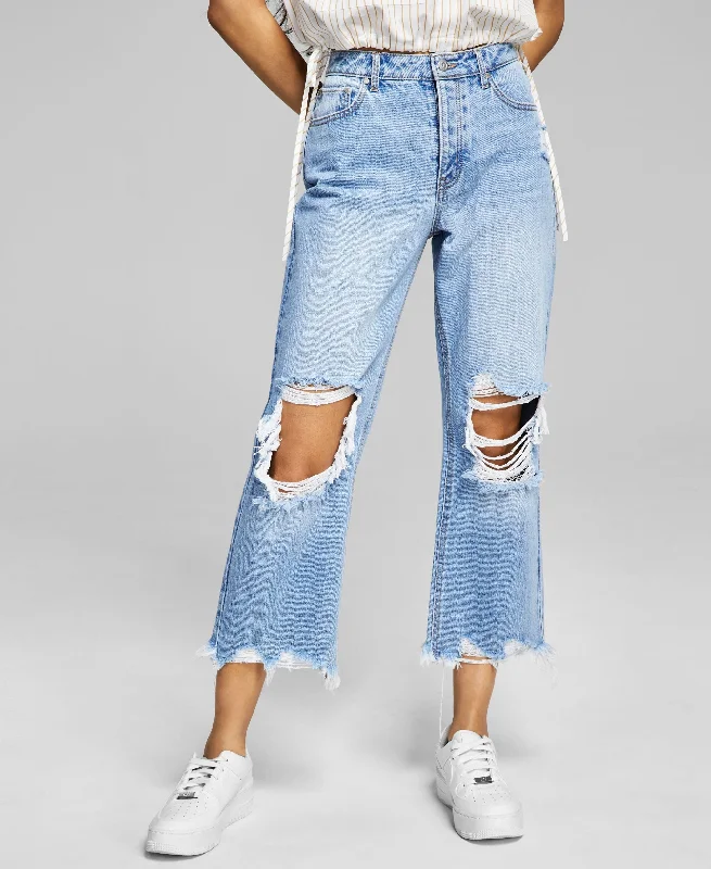 Now This Womens Cotton Ripped Cropped Wide Leg Jeans