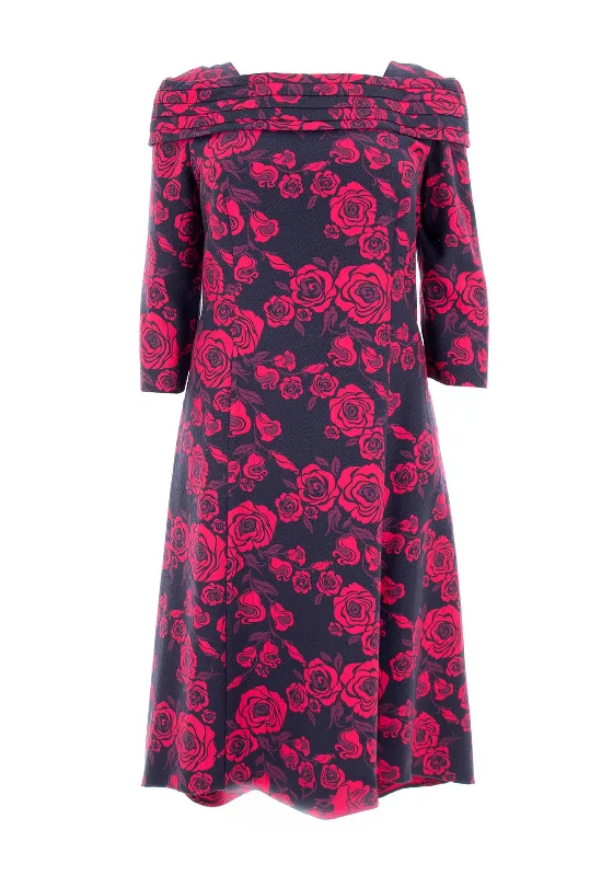 Cassandra Sinels Jacquard Rose Fit and Flare Dress, Navy and Pink Corset unclassified dresses