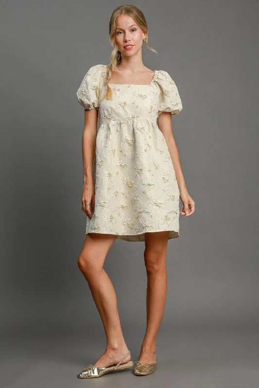 Umgee Heart Jacquard Square Neck Puff Sleeve Mini Dress Designer unclassified dresses