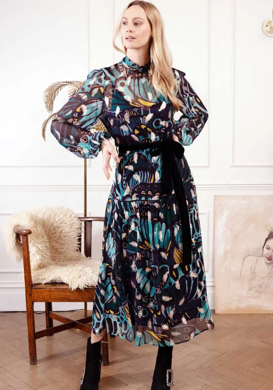 Hope and Ivy Edith Feather Print Midi Dress, Teal Y2K unclassified dresses