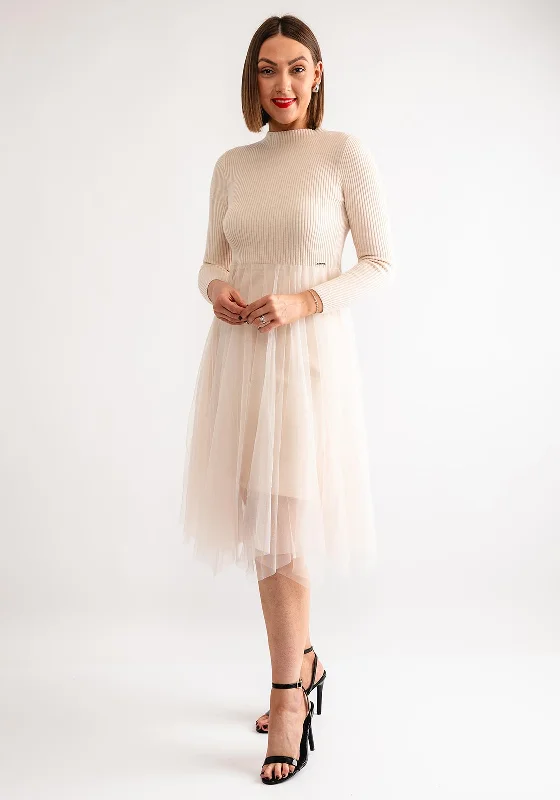 Goa Goa Knit Tulle Contrast Midi Dress, Cream Long unclassified dresses