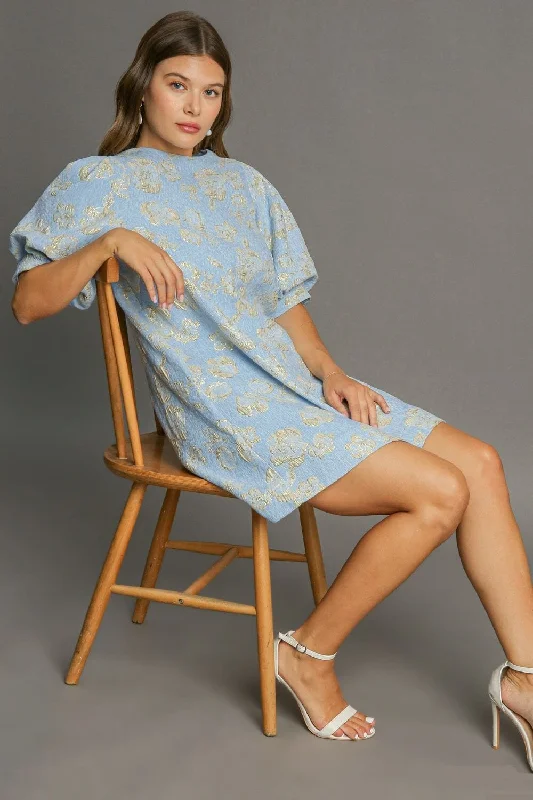 Umgee Floral Jacquard Puff Sleeve Mini Dress Boho unclassified dresses