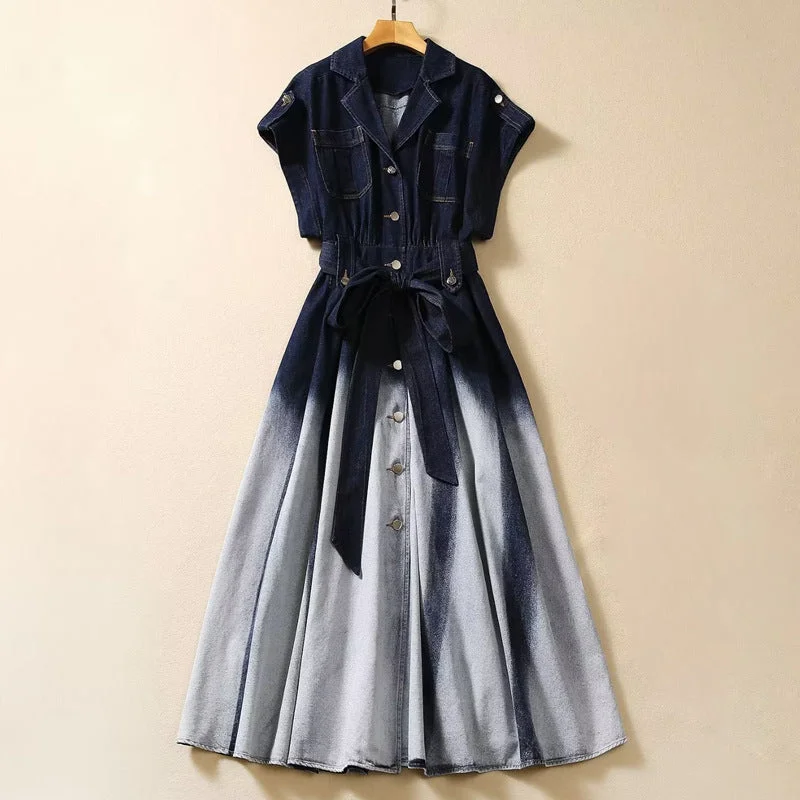 Women's Short Sleeve Gradient Color Fashion Waist-controlled Denim Dress Backless unclassified dresses