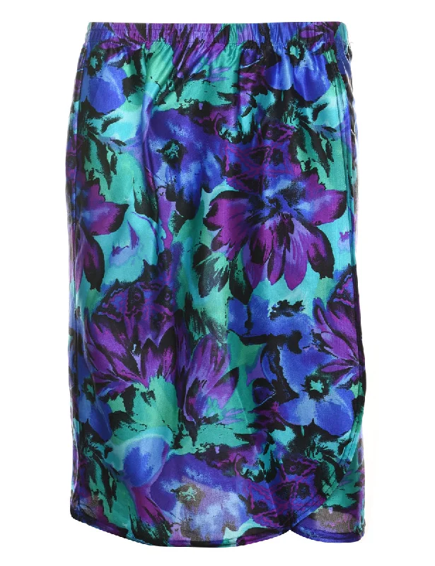 Floral Pattern Purple & Green Elasticated Midi Skirt - M Petite unclassified dresses