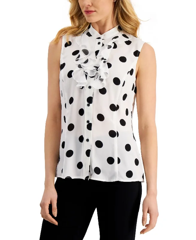 Kasper Womens Polka Dot Sleeveless Ruffled Button Down Top Casual unclassified dresses