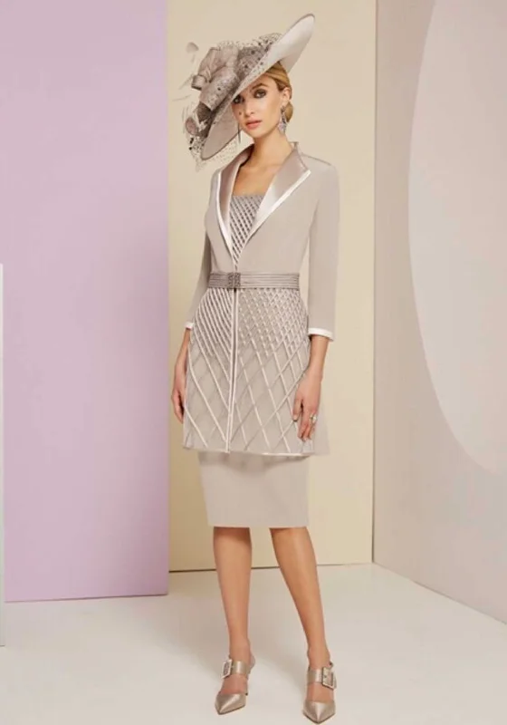 Veni Infantino Mesh Detail Occasion Dress and Jacket, Taupe Ivory Off-shoulder unclassified dresses