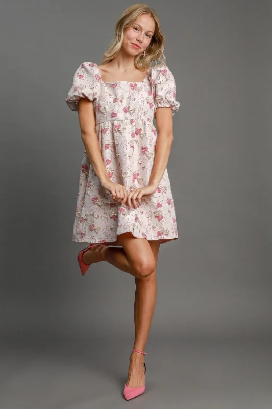 Umgee Heart Jacquard Square Neck Puff Sleeve Mini Dress Tiered unclassified dresses