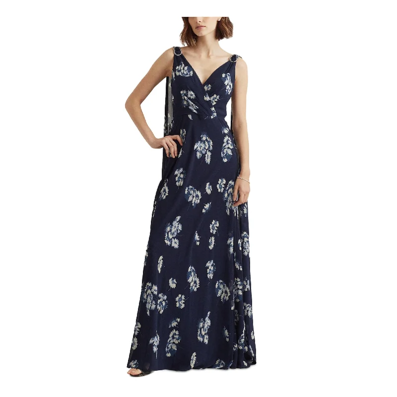 Womens Navy Zippered Embellished V-back Cape Shoulder Lined Floral Sleeveless Surplice Neckline Full-Length Evening Gown Dress 4 Tulle unclassified dresses