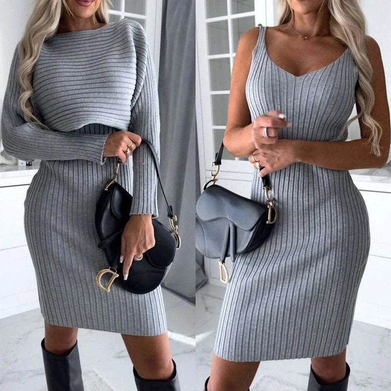 Women's Solid Stripe Long-sleeved Top And Tight Suspender Strap Dress Formal unclassified dresses