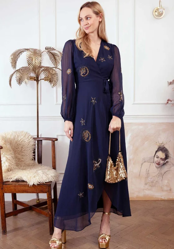 Hope and Ivy Kai Embellished Wrap Dress, Navy High-low unclassified dresses