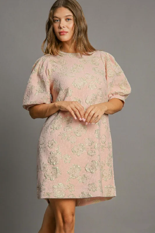 Umgee Floral Jacquard Puff Sleeve Mini Dress Long unclassified dresses