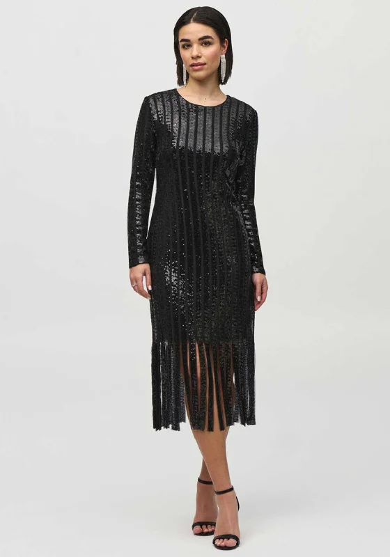 Joseph Ribkoff Sequin Fringe Trim Midi Dress, Black Printed unclassified dresses