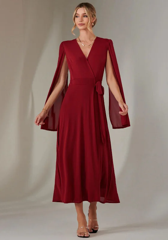 Jolie Moi Amira Cape Sleeve Wrap Dress, Dark Red Dark color unclassified dresses