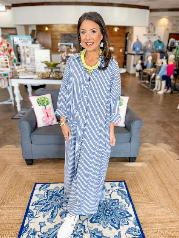 Regan Button Down Maxi in Navy Stripe Bodycon unclassified dresses