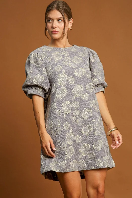 Umgee Floral Jacquard Puff Sleeve Mini Dress Street style unclassified dresses