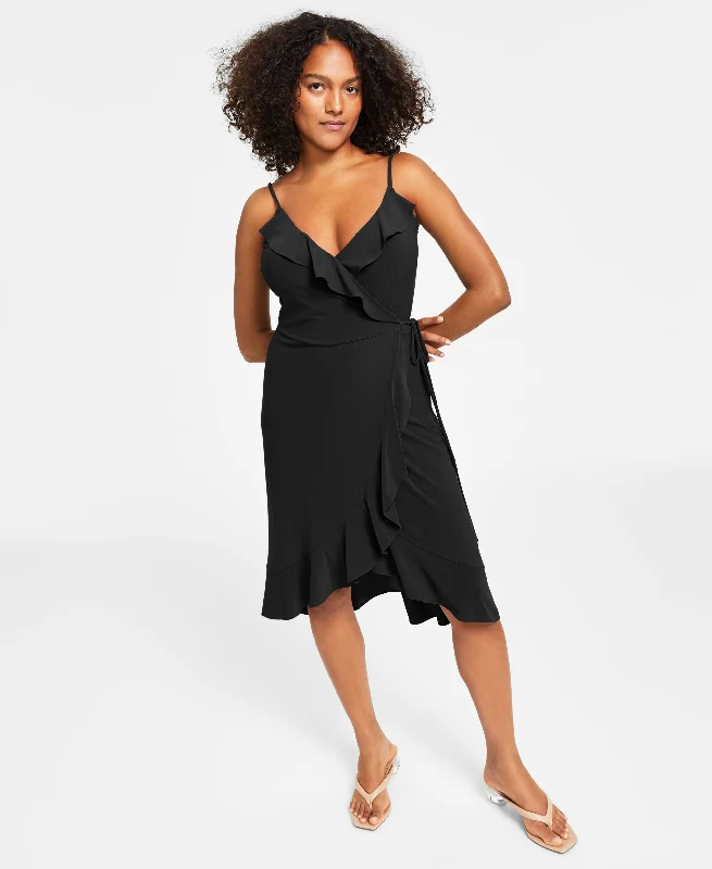 Bar III Petite Sleeveless Ruffle Trim Wrap Dress Stretchy unclassified dresses