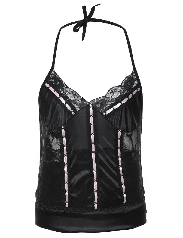 Black & Pale Pink Lace Trim Halterneck Cami Top - XS Neutral tone unclassified dresses