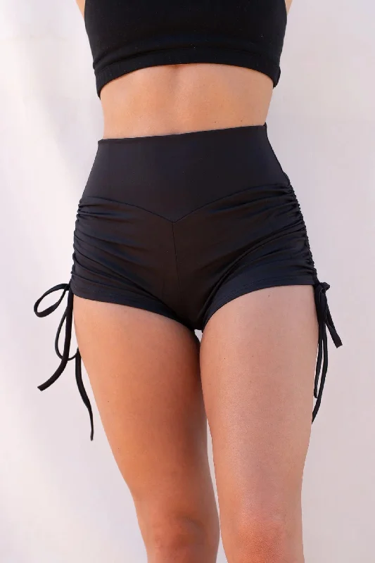 High waist Drawstring Shorts Recycled- Black Sequined Shorts