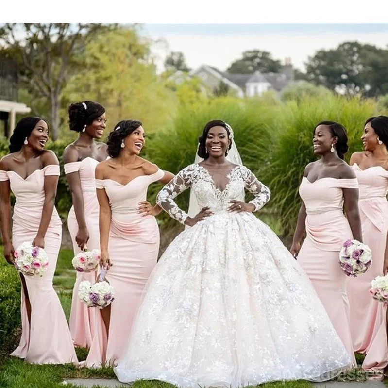 Pink Mermaid Off Shoulder High Slit Long Bridesmaid Dresses Gown Online,WG1139 Halter maxi dresses