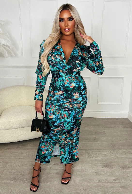 Love You 100% Green Long Sleeve Stretch Floral Ruched Midi Dress Trendy midi dresses under $50 Love You 100% Green Long Sleeve Stretch Floral Ruched Midi Dress Trendy midi dresses under $50