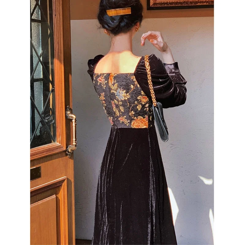 Vintage Velvet Black Dress Lady Square Collor Long Sleeve Eveing Party Midi Dress Women Casual One Piece Dress Korea 2022 Autumn Graduation midi dresses