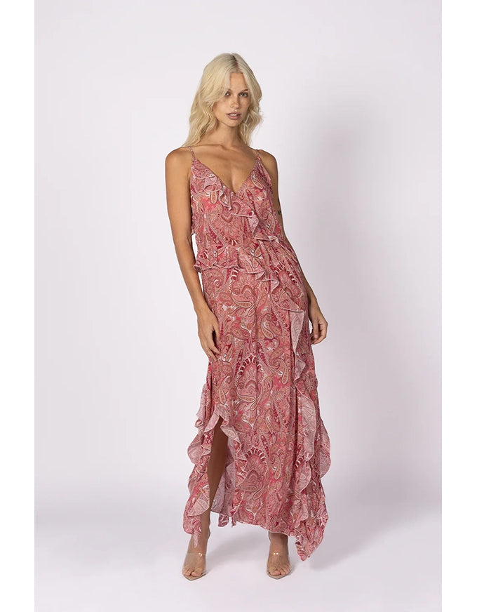 Damask Paisley Ruffle Slip Dress Pink Stretchy party dresses