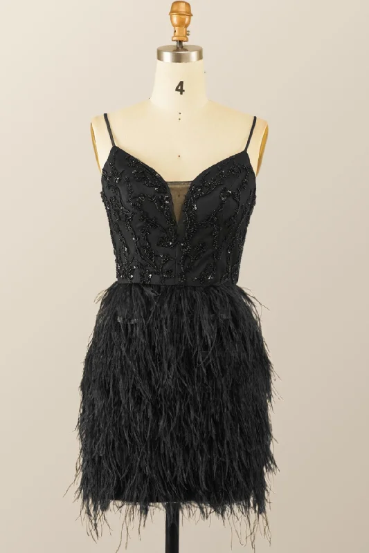 Straps Black Beaded Feather Mini Dress--A-line Denim Skirt