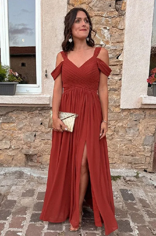 Rust Red Cold Sleeves Pleated Long Bridesmaid Dress with Slit Chic Maxi Dress